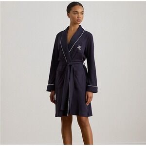 Lauren Ralph Lauren Womens Navy Blue RL Logo Robe Pajamas Sleepwear Loungewear L